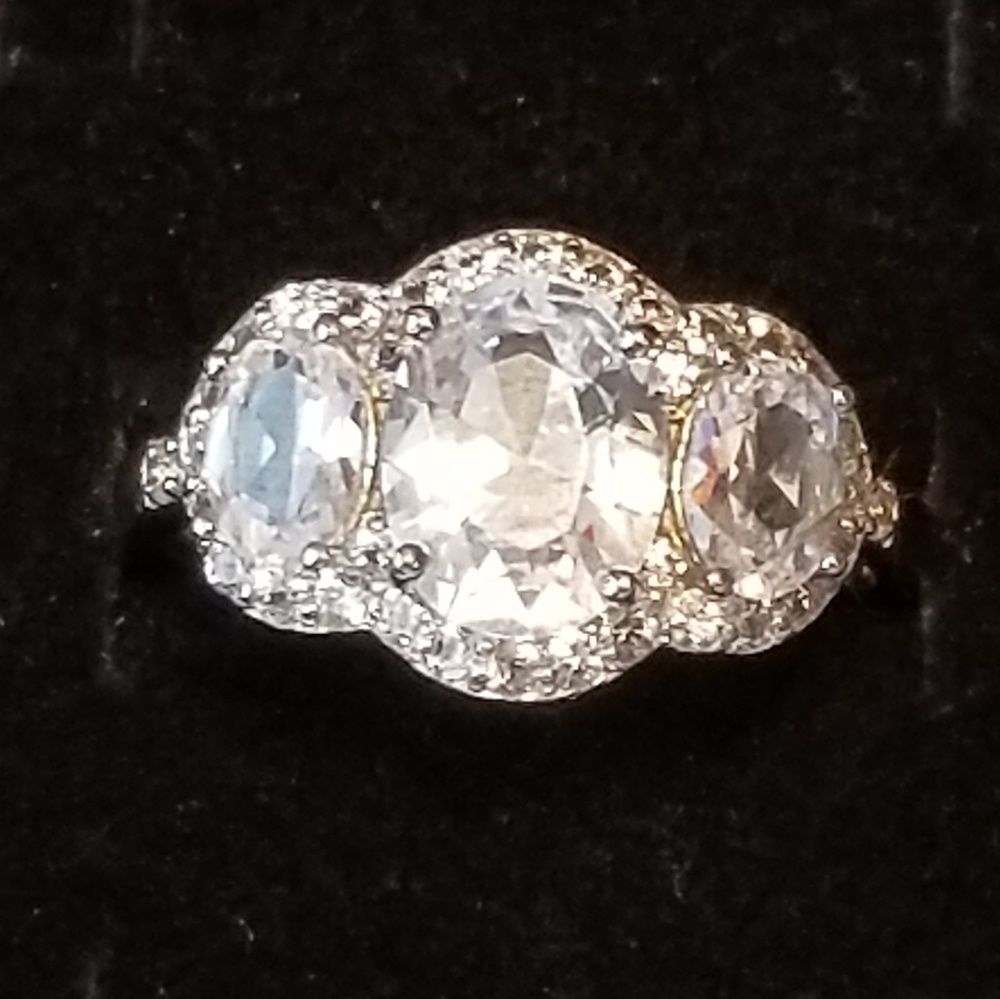 NEW White Zircon 3 Stone Halo Ring 925 Sterling